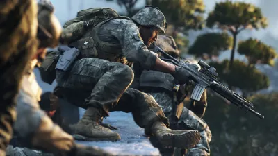 Squad advancing through snow-covered ground with assault rifles raised