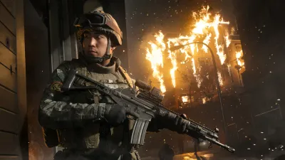 Soldier firing a rifle with a bright muzzle flash in a doorway