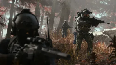 Soldier carrying a heavy weapon through a woodland position