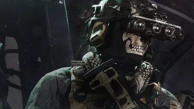 Masked soldier with a scoped weapon and night vision gear